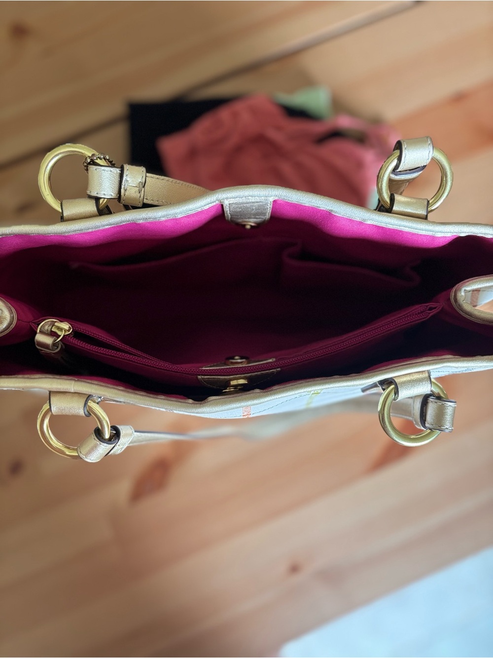 Coach White Plaid Tote with Gold Accents - Picture 9 of 15